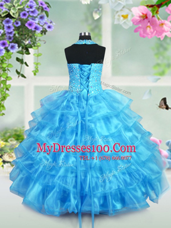 Halter Top Ruffled Aqua Blue Sleeveless Organza Lace Up Flower Girl Dresses for Party and Quinceanera and Wedding Party