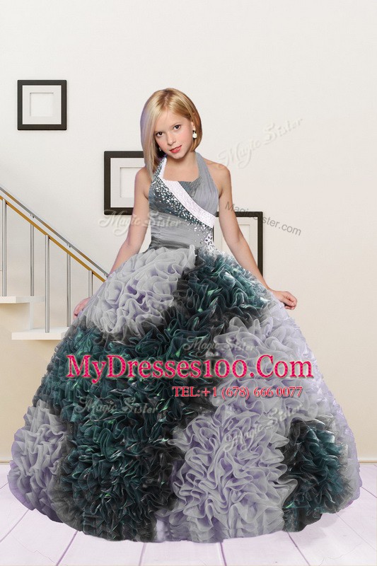 Stunning Halter Top Floor Length Ball Gowns Sleeveless Dark Green and Silver Child Pageant Dress Lace Up
