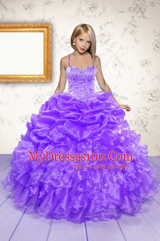 Fitting Eggplant Purple Spaghetti Straps Lace Up Beading and Ruffles and Pick Ups Kids Pageant Dress Sleeveless