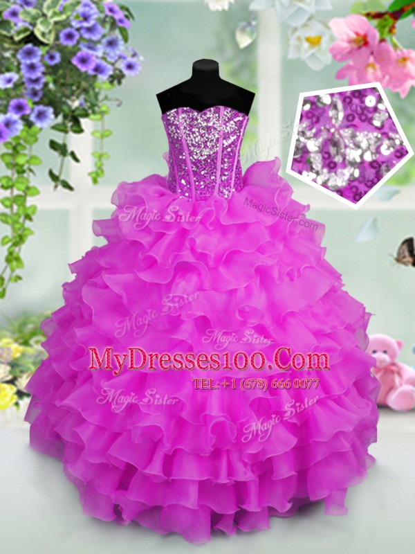 Stylish Lilac Organza Lace Up Sweetheart Sleeveless Floor Length Little Girls Pageant Dress Ruffled Layers and Sequins