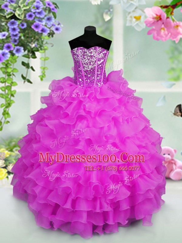 Stylish Lilac Organza Lace Up Sweetheart Sleeveless Floor Length Little Girls Pageant Dress Ruffled Layers and Sequins