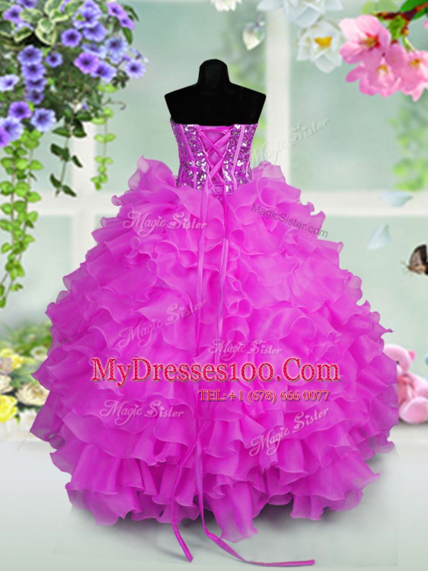 Stylish Lilac Organza Lace Up Sweetheart Sleeveless Floor Length Little Girls Pageant Dress Ruffled Layers and Sequins