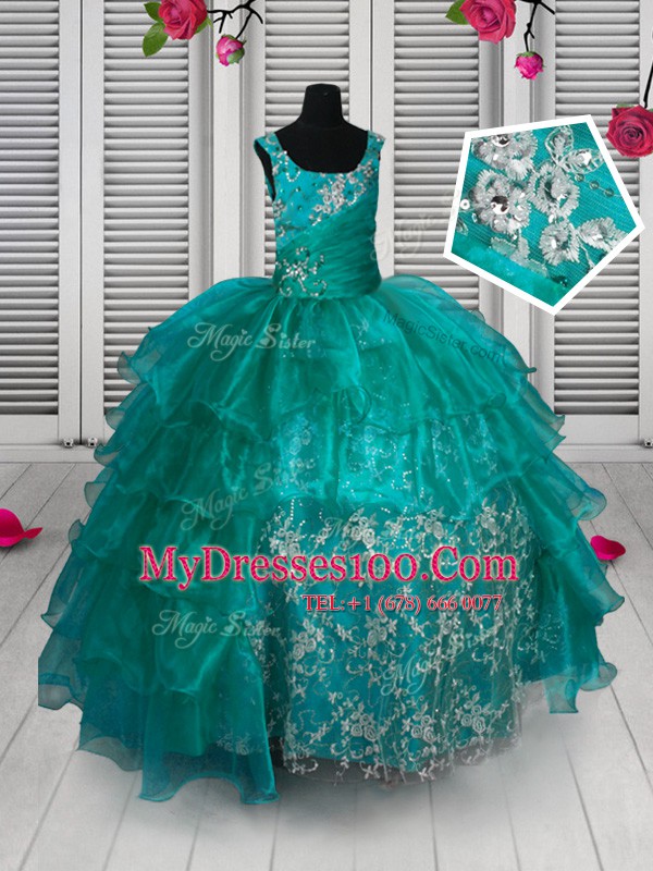 Ruffled Floor Length Ball Gowns Sleeveless Turquoise Girls Pageant Dresses Lace Up