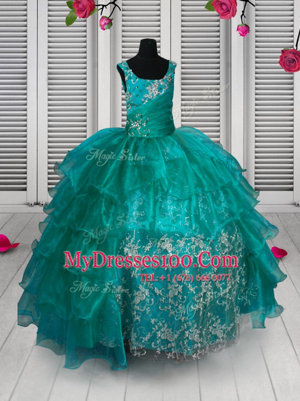 Ruffled Floor Length Ball Gowns Sleeveless Turquoise Girls Pageant Dresses Lace Up