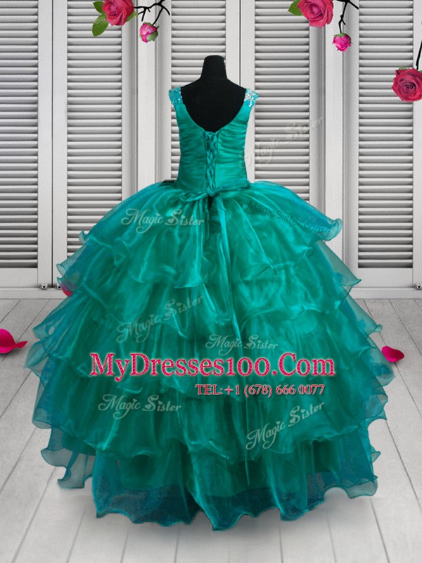 Ruffled Floor Length Ball Gowns Sleeveless Turquoise Girls Pageant Dresses Lace Up