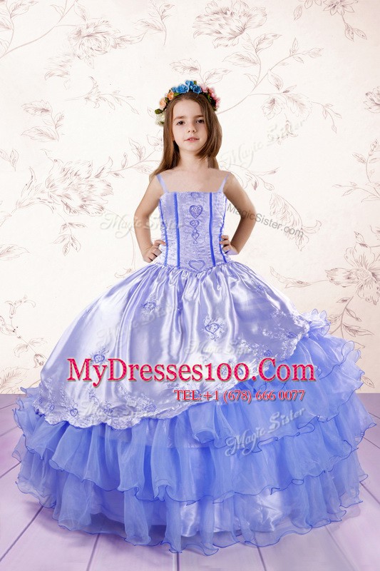 Decent Baby Blue Lace Up Spaghetti Straps Embroidery and Ruffled Layers Little Girls Pageant Gowns Organza Sleeveless