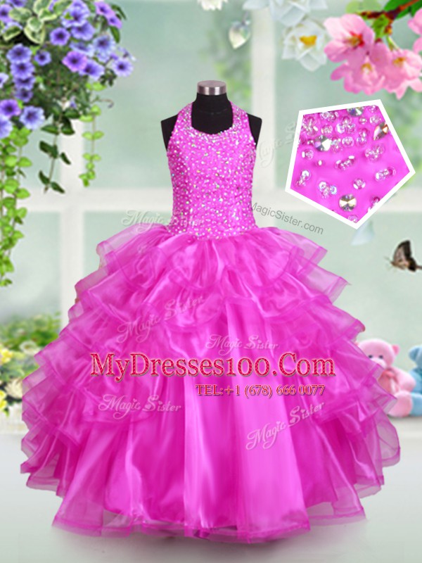 Cute Halter Top Sleeveless Organza Little Girls Pageant Dress Wholesale Beading and Ruffled Layers Lace Up