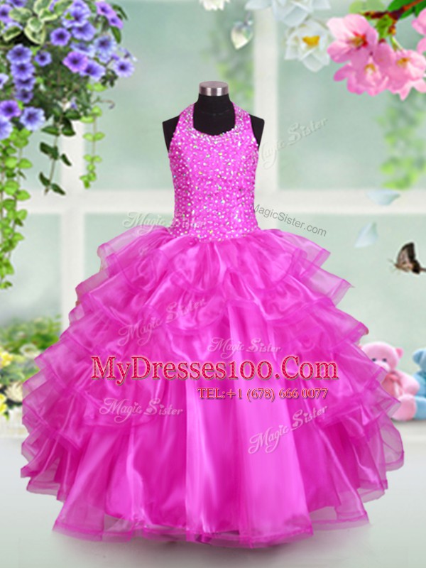 Cute Halter Top Sleeveless Organza Little Girls Pageant Dress Wholesale Beading and Ruffled Layers Lace Up