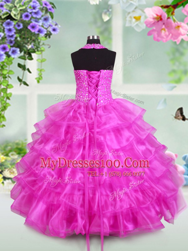 Cute Halter Top Sleeveless Organza Little Girls Pageant Dress Wholesale Beading and Ruffled Layers Lace Up