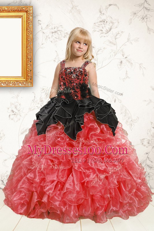 Stylish Black and Orange Sleeveless Floor Length Beading and Ruffles Lace Up Toddler Flower Girl Dress
