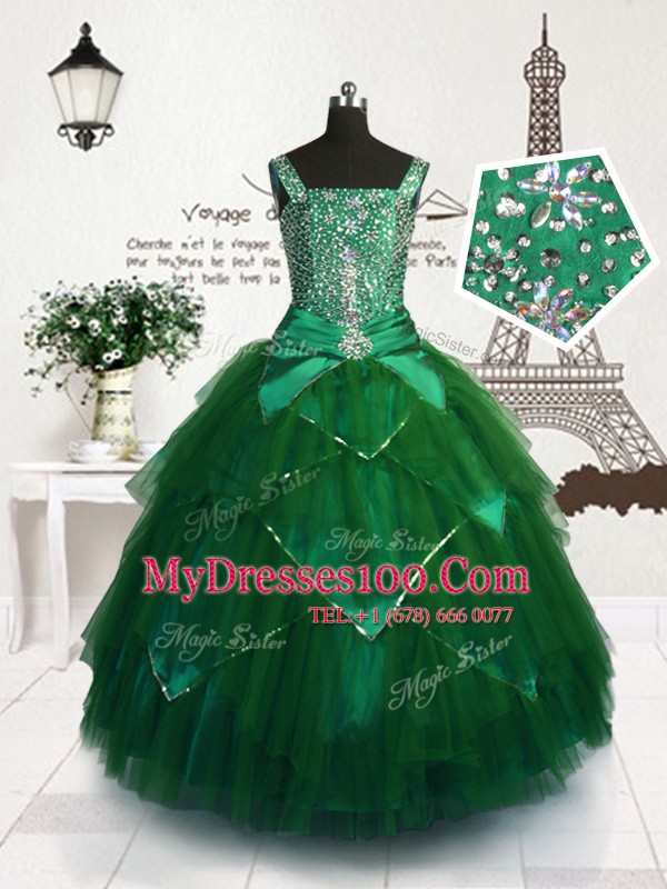 Trendy Dark Green Flower Girl Dresses Party and Wedding Party and For with Beading and Belt Straps Sleeveless Lace Up