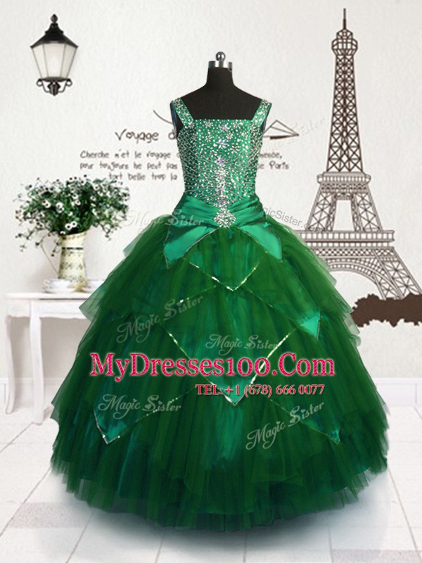 Trendy Dark Green Flower Girl Dresses Party and Wedding Party and For with Beading and Belt Straps Sleeveless Lace Up