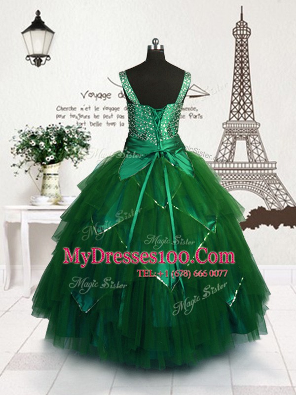 Trendy Dark Green Flower Girl Dresses Party and Wedding Party and For with Beading and Belt Straps Sleeveless Lace Up
