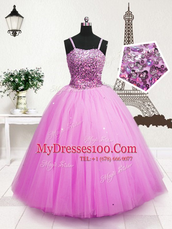 High End Hot Pink Tulle Zipper Toddler Flower Girl Dress Sleeveless Floor Length Beading and Sequins