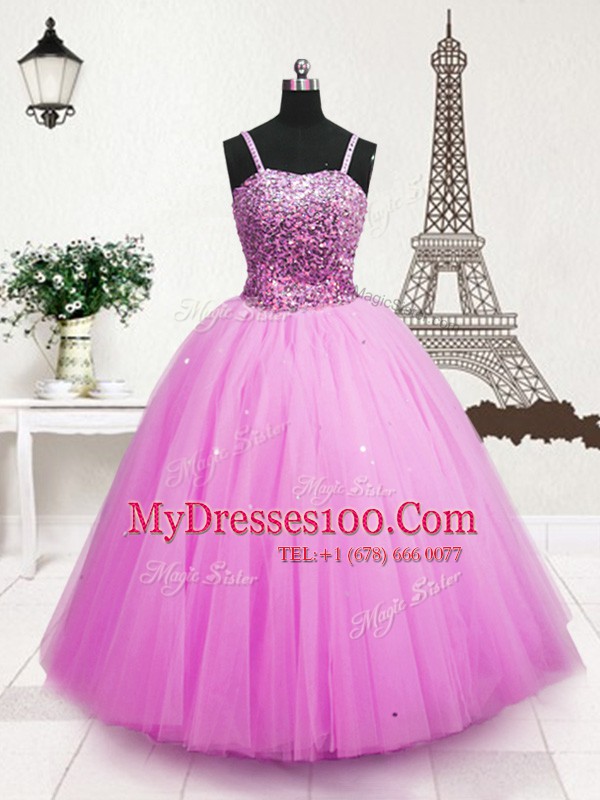 High End Hot Pink Tulle Zipper Toddler Flower Girl Dress Sleeveless Floor Length Beading and Sequins