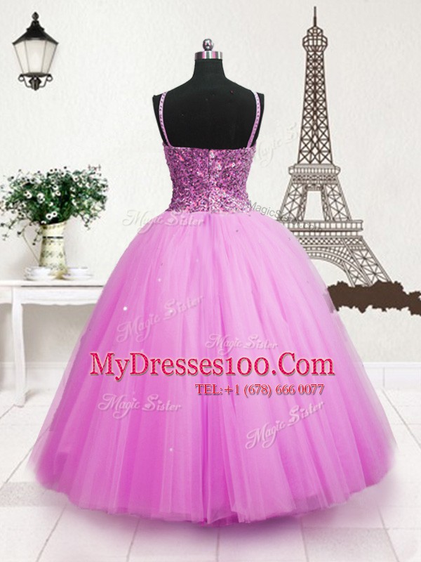 High End Hot Pink Tulle Zipper Toddler Flower Girl Dress Sleeveless Floor Length Beading and Sequins