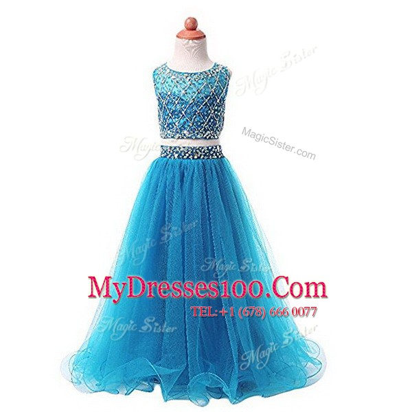 New Style Scoop Sleeveless Zipper Flower Girl Dress Aqua Blue Organza