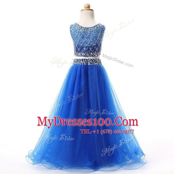 New Style Scoop Sleeveless Zipper Flower Girl Dress Aqua Blue Organza