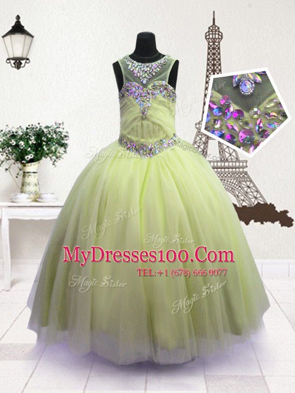 Dramatic Scoop Apple Green Ball Gowns Beading Pageant Gowns For Girls Zipper Organza Sleeveless Floor Length