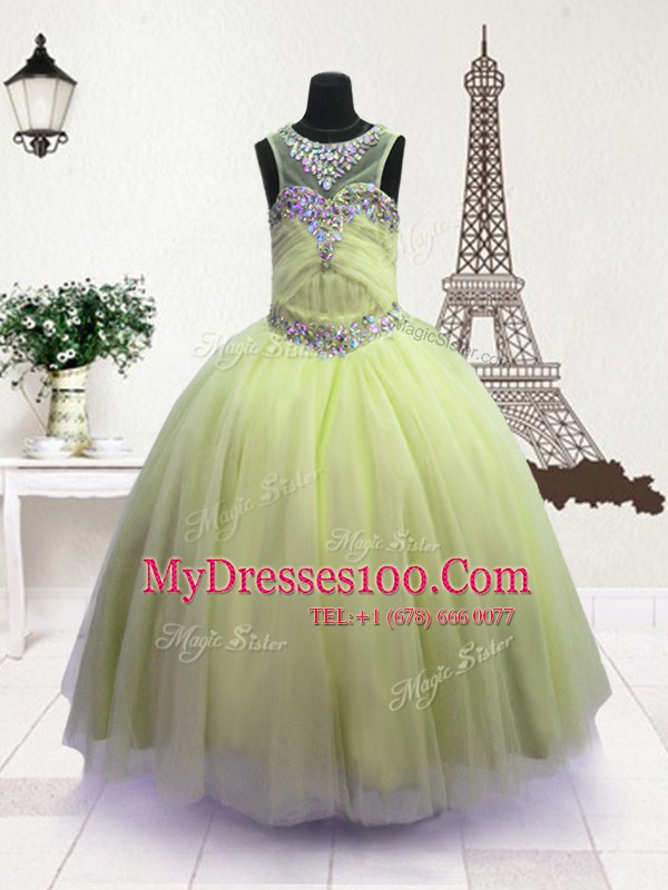 Dramatic Scoop Apple Green Ball Gowns Beading Pageant Gowns For Girls Zipper Organza Sleeveless Floor Length