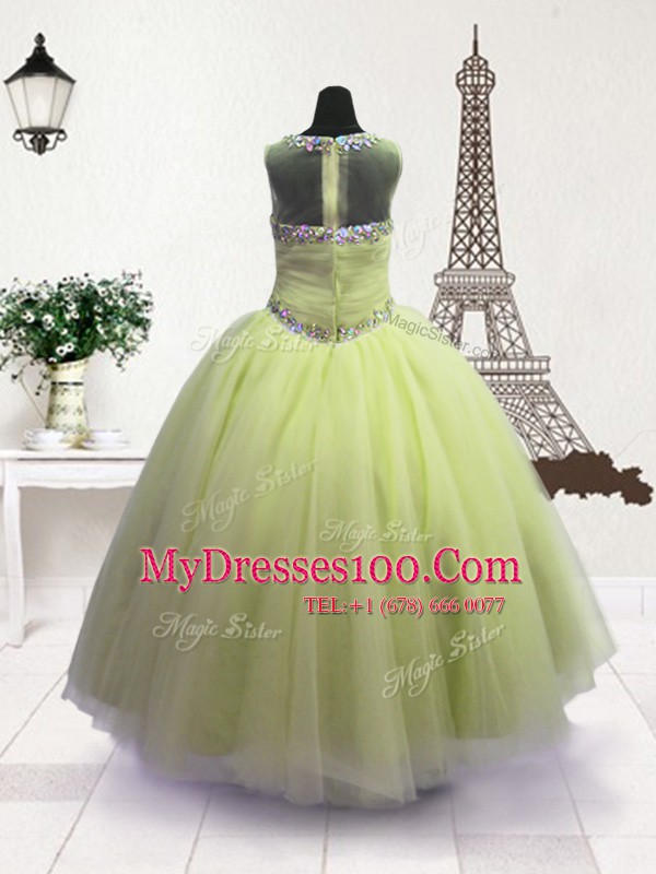 Dramatic Scoop Apple Green Ball Gowns Beading Pageant Gowns For Girls Zipper Organza Sleeveless Floor Length