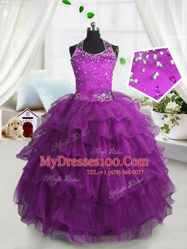Ruffled Floor Length Fuchsia Kids Pageant Dress Scoop Sleeveless Lace Up