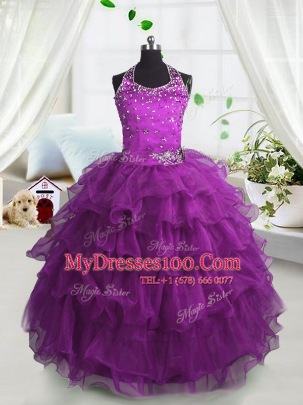 Ruffled Floor Length Fuchsia Kids Pageant Dress Scoop Sleeveless Lace Up
