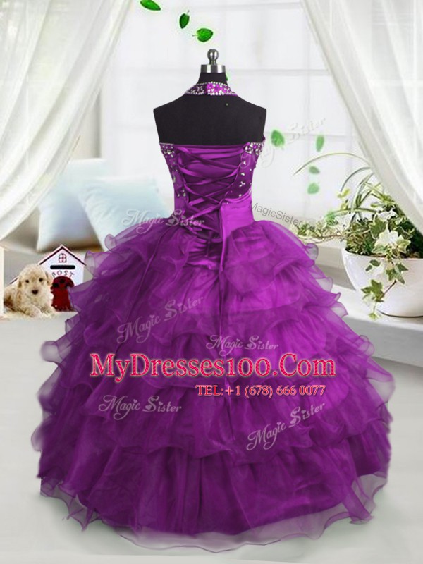 Ruffled Floor Length Fuchsia Kids Pageant Dress Scoop Sleeveless Lace Up