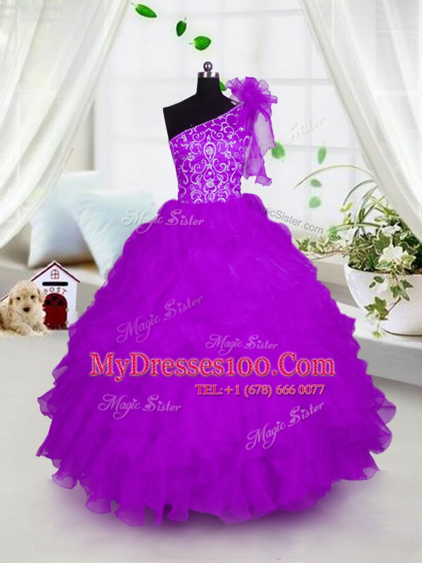 Flare One Shoulder Short Sleeves Organza Floor Length Lace Up Toddler Flower Girl Dress in Fuchsia with Appliques and Ruffles