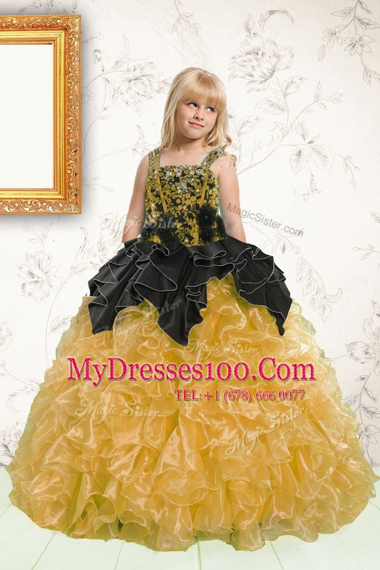 Gold Straps Neckline Beading and Pick Ups Little Girls Pageant Dress Wholesale Sleeveless Lace Up