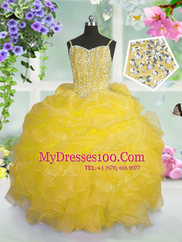 Fine Pick Ups Spaghetti Straps Sleeveless Lace Up Girls Pageant Dresses Gold Organza