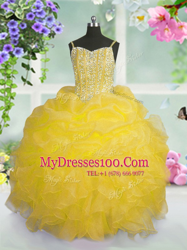 Fine Pick Ups Spaghetti Straps Sleeveless Lace Up Girls Pageant Dresses Gold Organza