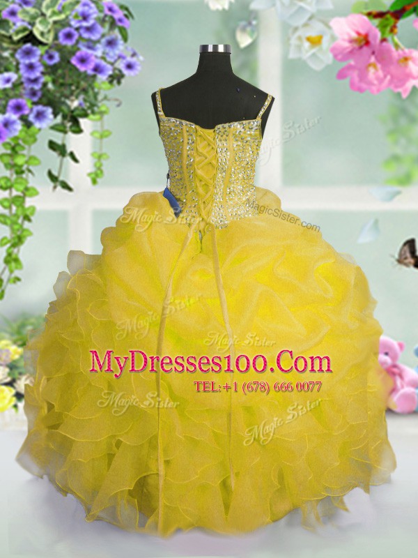 Fine Pick Ups Spaghetti Straps Sleeveless Lace Up Girls Pageant Dresses Gold Organza