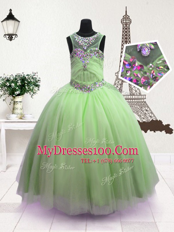 Scoop Sleeveless Organza Floor Length Zipper Flower Girl Dress in Green with Beading