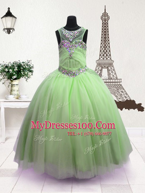 Scoop Sleeveless Organza Floor Length Zipper Flower Girl Dress in Green with Beading