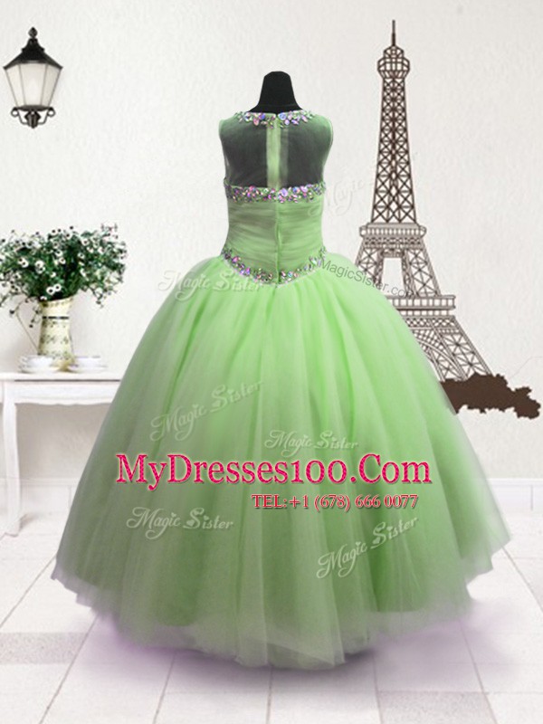 Scoop Sleeveless Organza Floor Length Zipper Flower Girl Dress in Green with Beading