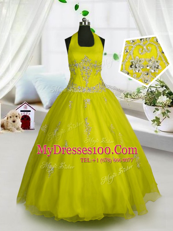 Custom Made Halter Top Sleeveless Lace Up Kids Formal Wear Yellow Tulle