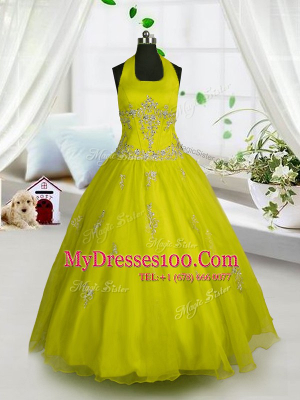 Custom Made Halter Top Sleeveless Lace Up Kids Formal Wear Yellow Tulle
