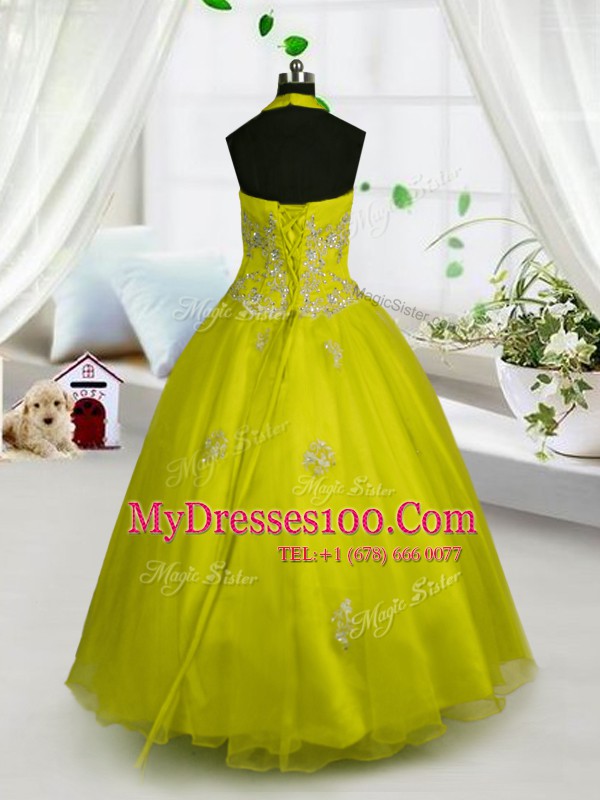 Custom Made Halter Top Sleeveless Lace Up Kids Formal Wear Yellow Tulle
