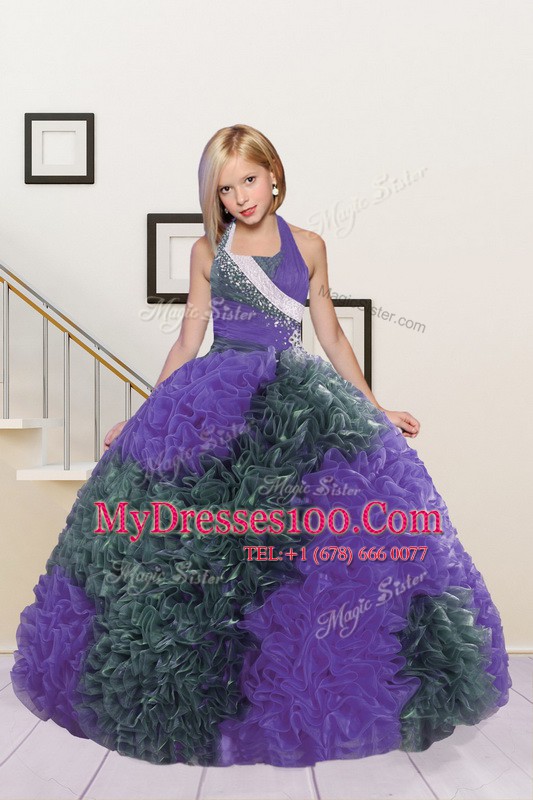 Halter Top Floor Length Ball Gowns Sleeveless Eggplant Purple Flower Girl Dresses Lace Up