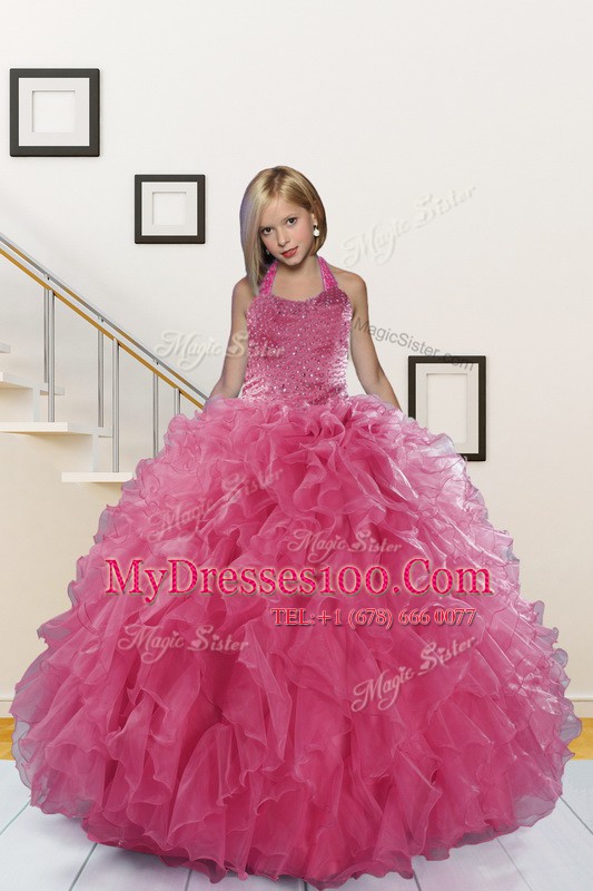 Modern Halter Top Floor Length Pink Little Girls Pageant Gowns Organza Sleeveless Beading and Ruffles
