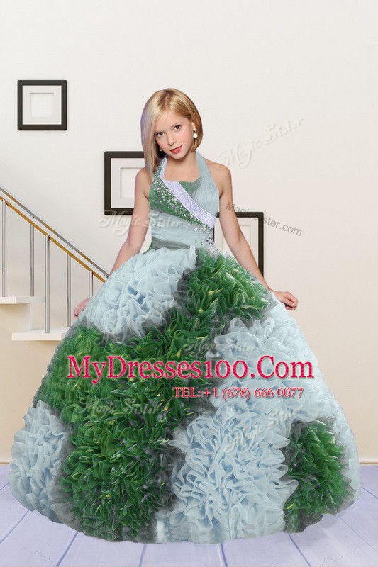 Amazing Green and Light Blue Fabric With Rolling Flowers Lace Up Halter Top Sleeveless Floor Length Kids Pageant Dress Beading and Ruffles