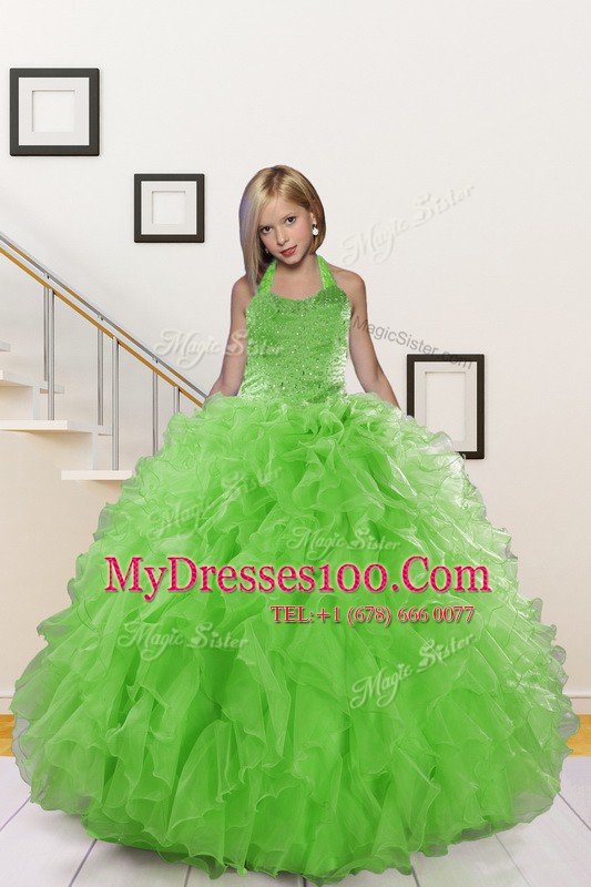 Designer Halter Top Green Organza Lace Up Little Girl Pageant Gowns Sleeveless Floor Length Beading and Ruffles