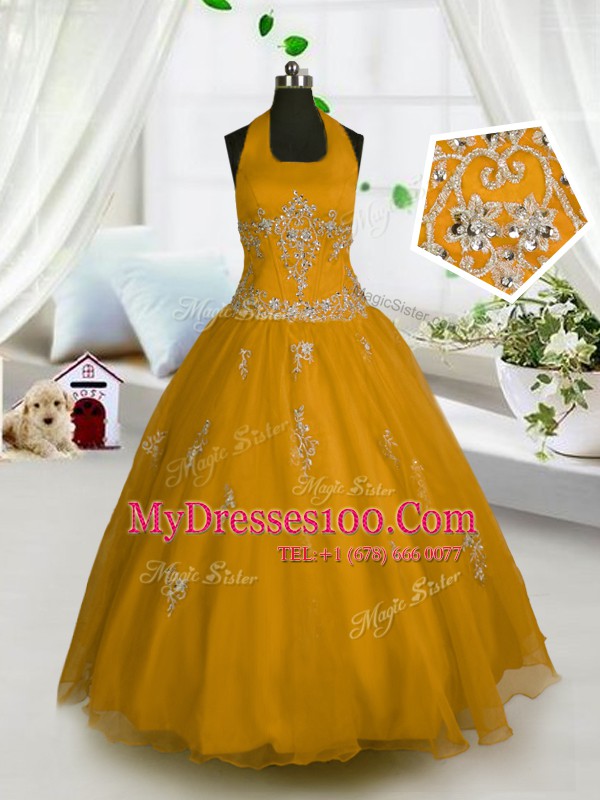 Designer Halter Top Orange Sleeveless Tulle Lace Up Flower Girl Dresses for Less for Party and Wedding Party
