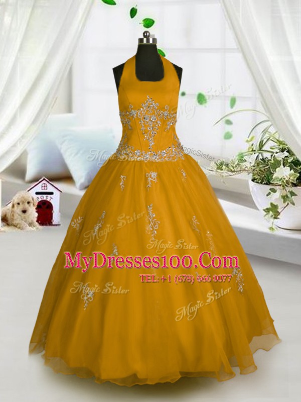 Designer Halter Top Orange Sleeveless Tulle Lace Up Flower Girl Dresses for Less for Party and Wedding Party
