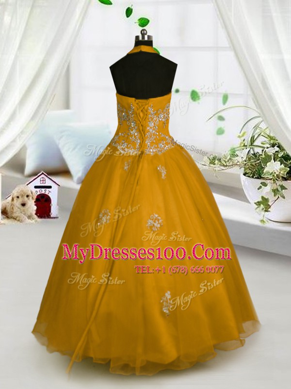 Designer Halter Top Orange Sleeveless Tulle Lace Up Flower Girl Dresses for Less for Party and Wedding Party