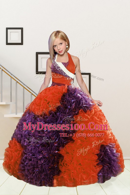 Fabric With Rolling Flowers Halter Top Sleeveless Lace Up Beading and Ruffles Little Girls Pageant Gowns in Purple and Orange Red