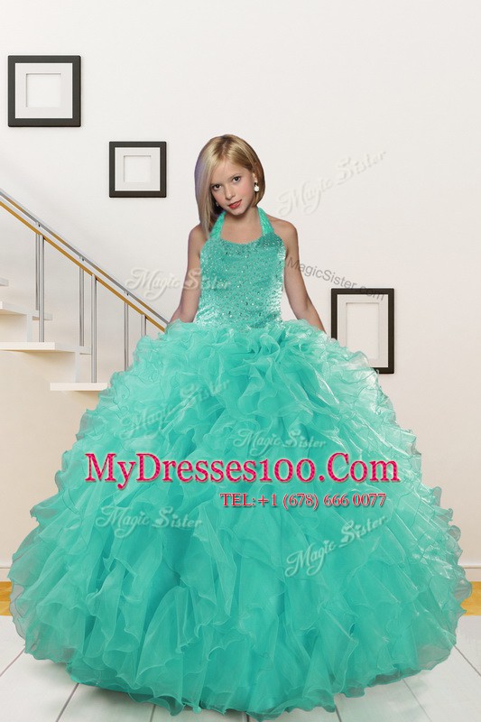 Halter Top Sleeveless Organza Floor Length Lace Up Little Girls Pageant Dress Wholesale in Turquoise with Beading and Ruffles