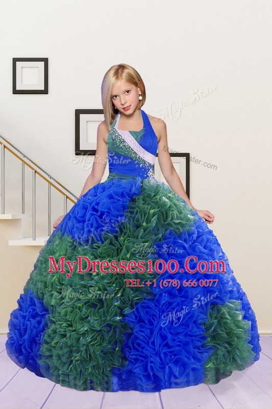 Glorious Halter Top Blue and Dark Green Ball Gowns Beading and Ruffles Flower Girl Dress Lace Up Fabric With Rolling Flowers Sleeveless Floor Length