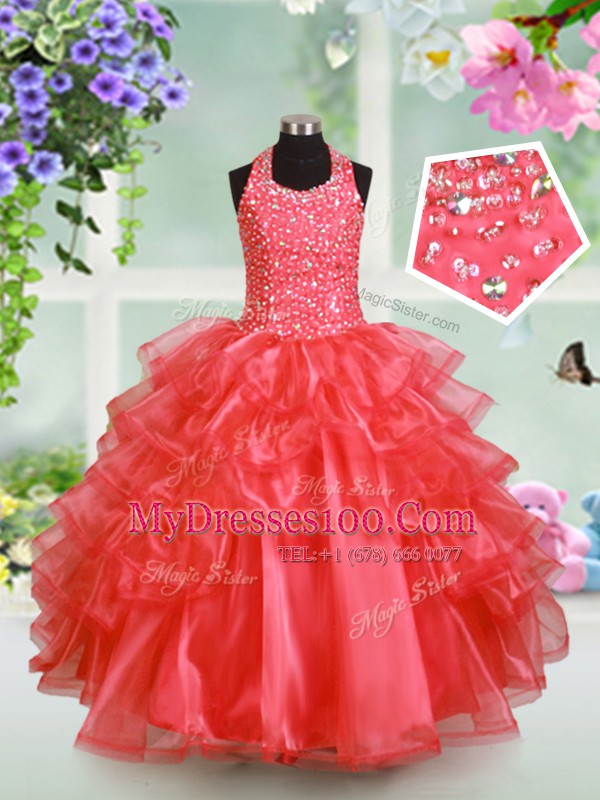 Hot Selling Watermelon Red Lace Up Halter Top Beading and Ruffled Layers Little Girls Pageant Dress Wholesale Organza Sleeveless